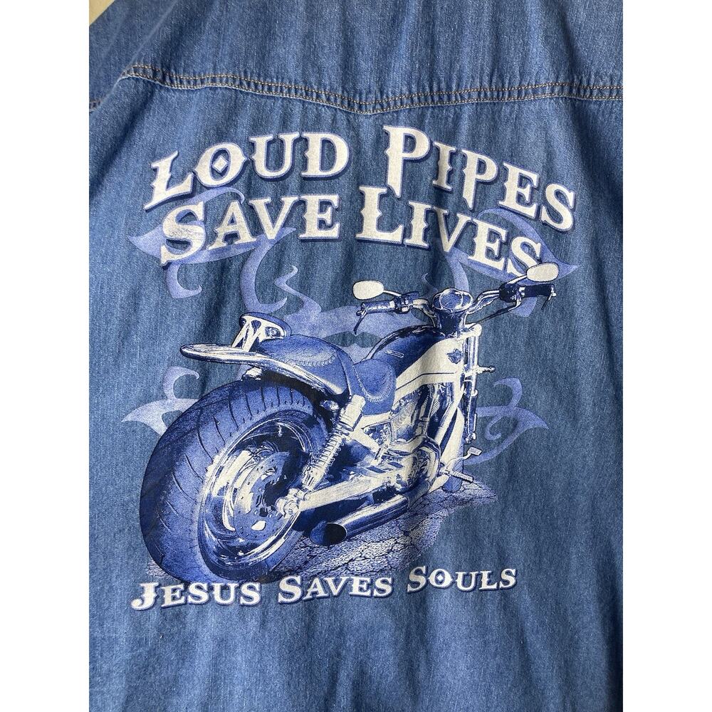 Denim Motorcycle Shirt Sleeveless Pearl Snap Mens 4X Jesus Saves Souls Christian